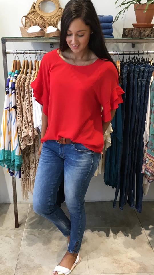 Jaz Ruffle Sleeve Top  RED