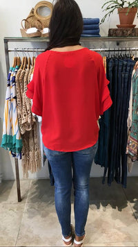 Jaz Ruffle Sleeve Top  RED