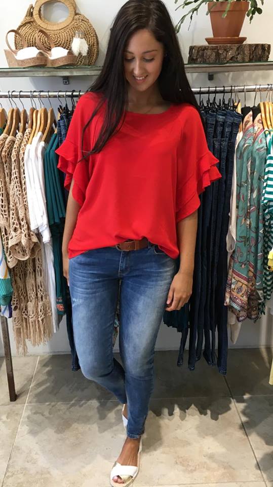 Jaz Ruffle Sleeve Top  RED