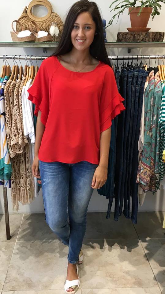 Jaz Ruffle Sleeve Top  RED