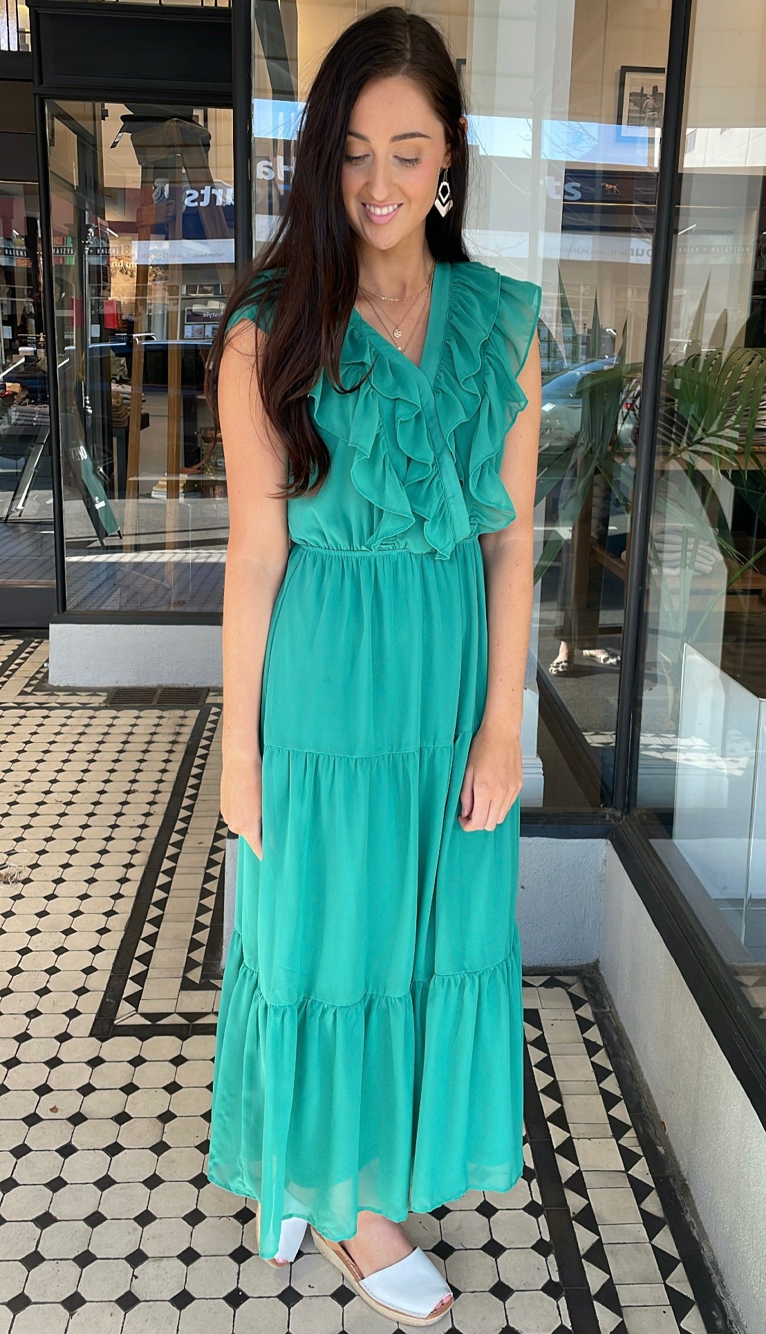 Serena Chiffon Tiered Midi Maxi Dress Dusty Emerald