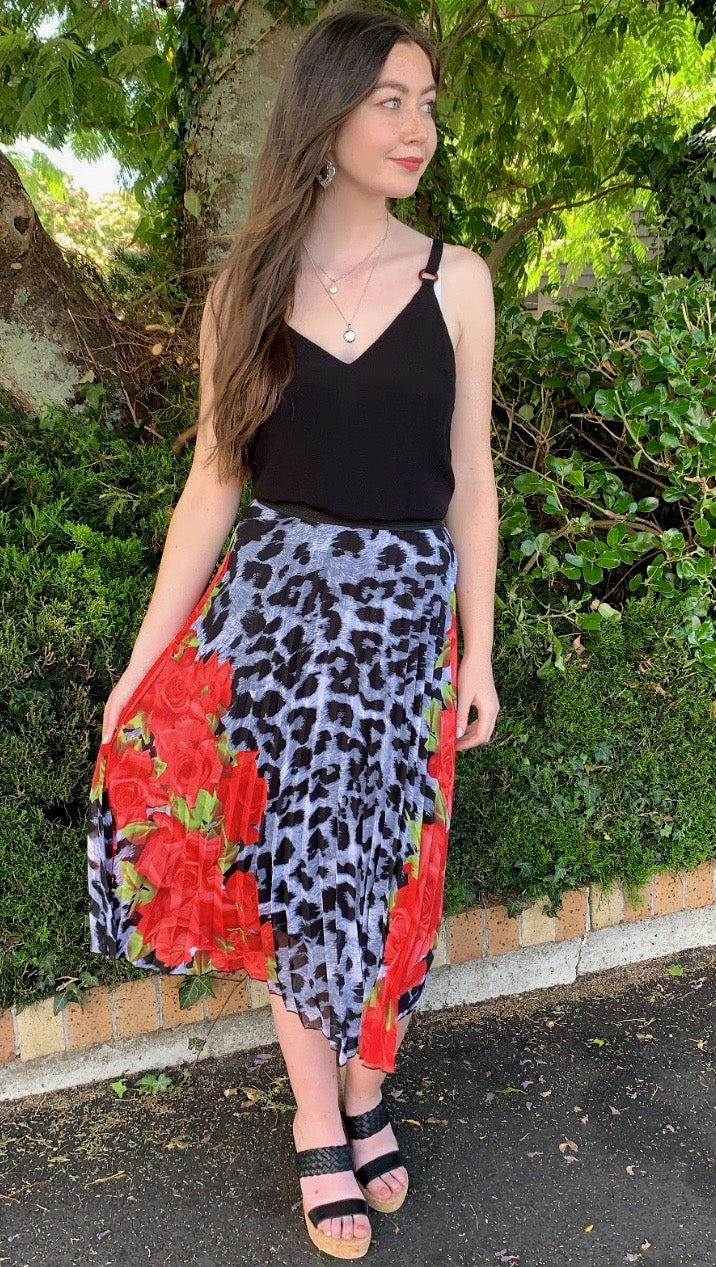 Floral Animal Pleated Midi Skirt