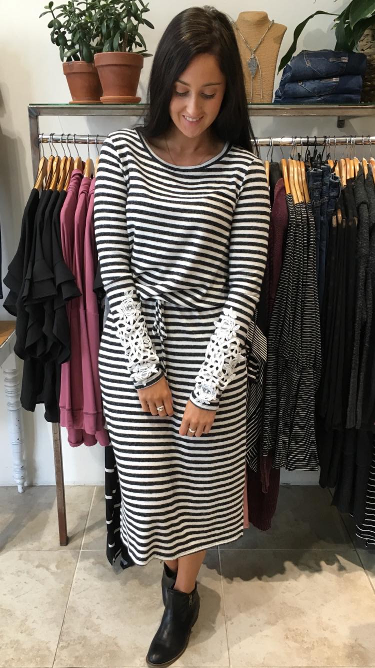Ava Long Sleeve Midi Dress Charcoal Stripe