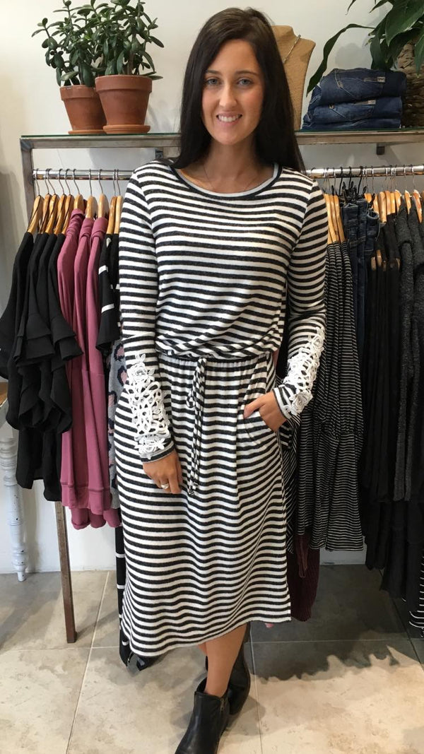 Ava Long Sleeve Midi Dress Charcoal Stripe