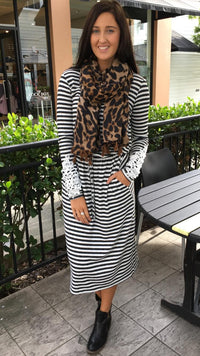 Ava Long Sleeve Midi Dress Charcoal Stripe