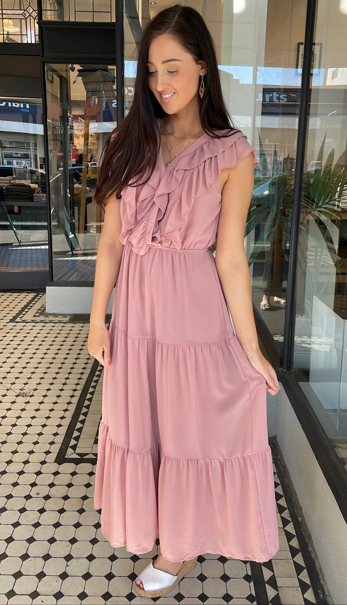 Serena Chiffon Tiered Midi Maxi Dress Dusty Rose