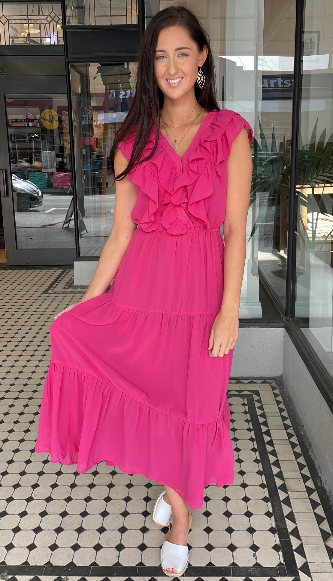 Serena Chiffon Tiered Midi Maxi Dress Magenta