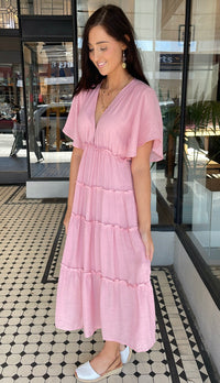 Val Textured Tiered Midi Dress Dusty Pink