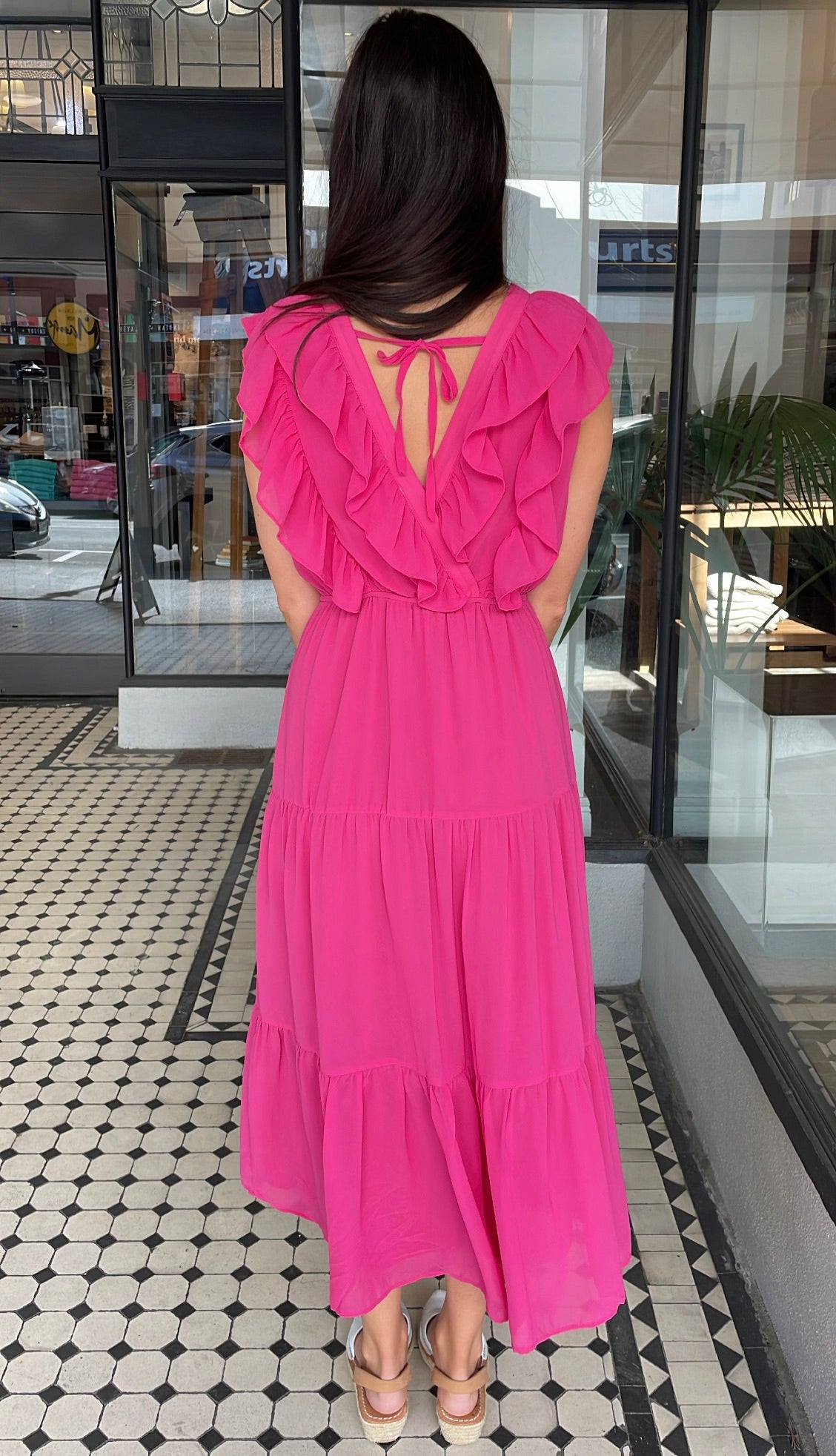 Serena Chiffon Tiered Midi Maxi Dress Magenta