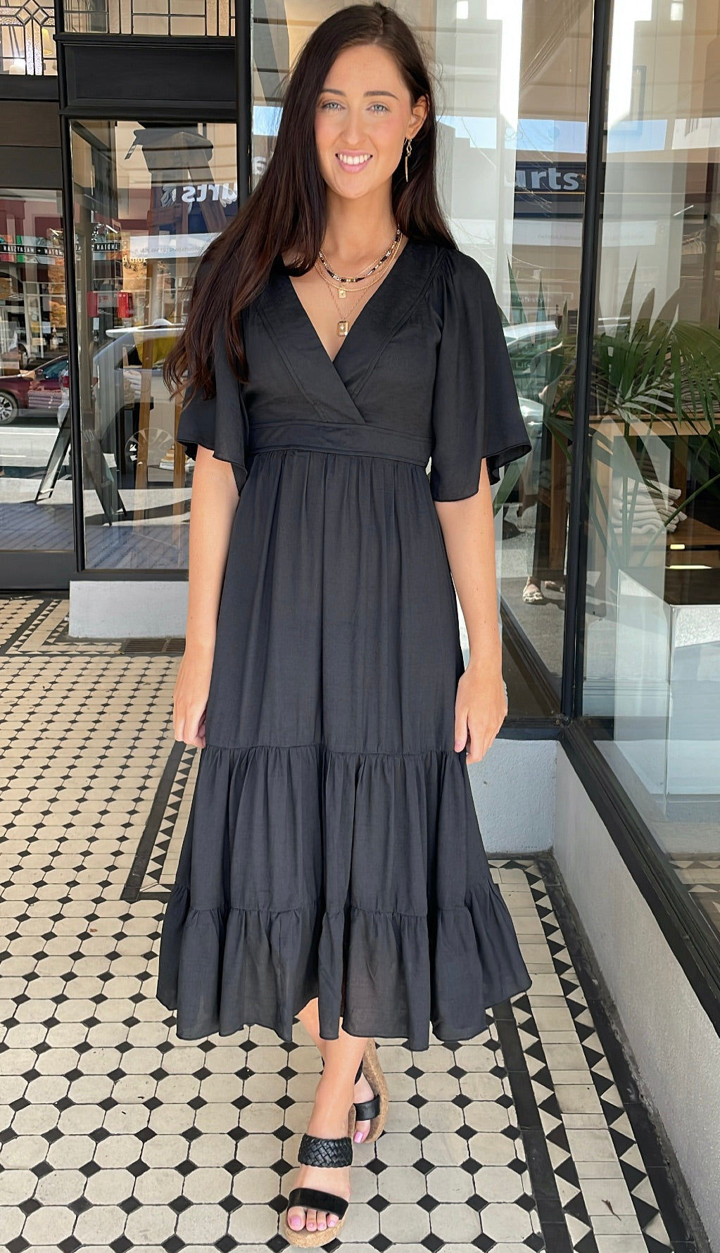Tia V Neck Tiered Midi Dress Black The Rock Box Store