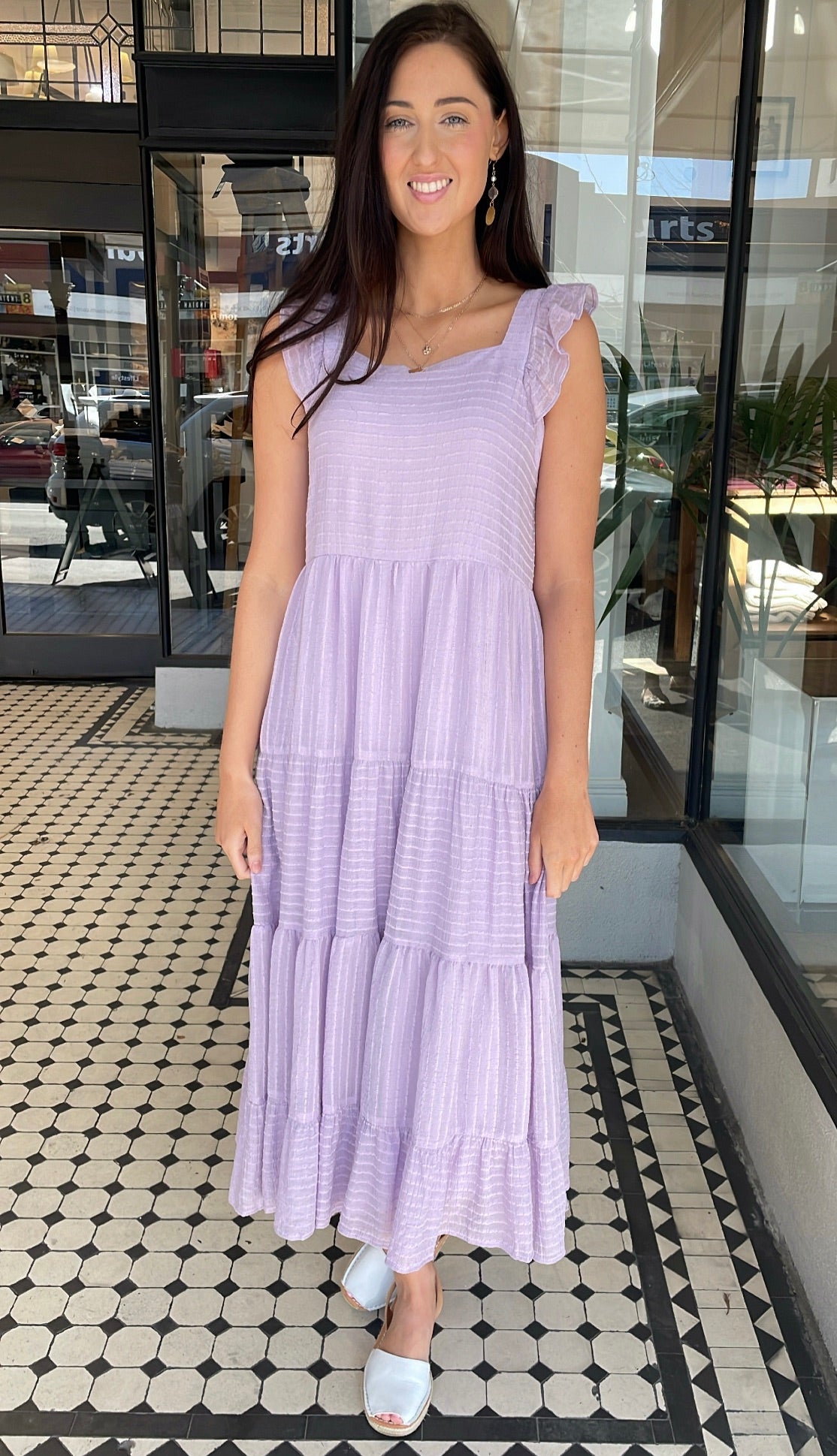 Iris Textured Tiered Midi Dress Lilac