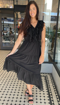 Serena Chiffon Tiered Midi Maxi Dress Black