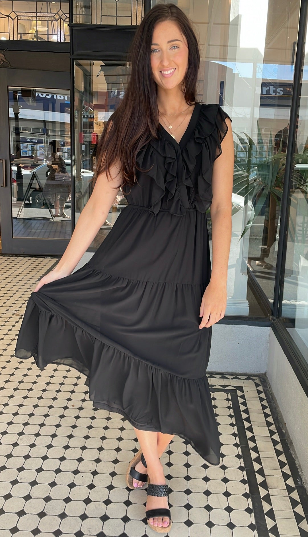 Serena Chiffon Tiered Midi Maxi Dress Black