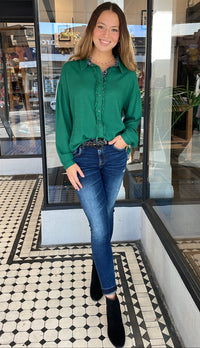 Lindsay Linen Button Down Blouse Forrest Green