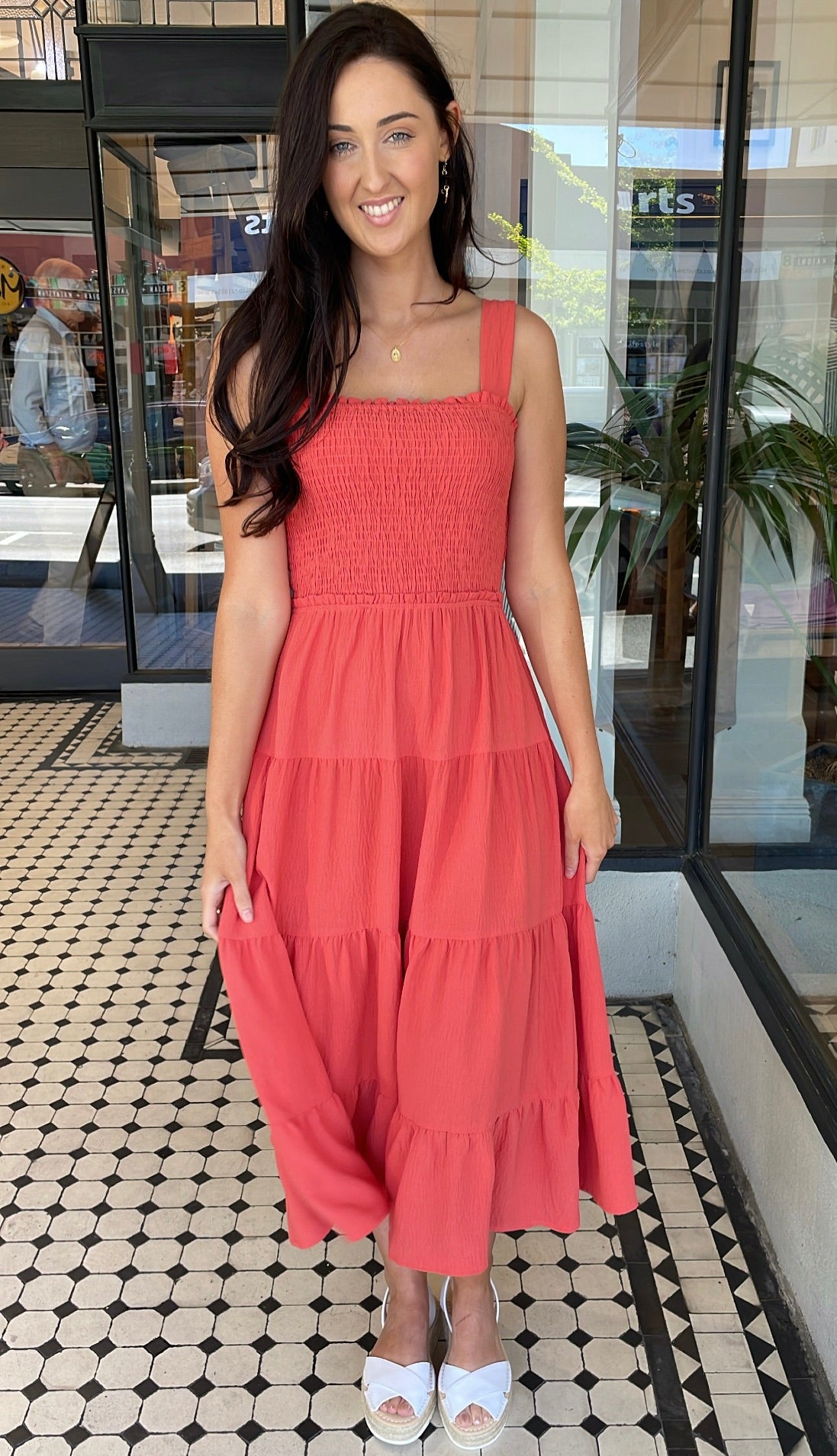 Piper Smocked Bodice Tiered Midi Dress Orange Coral
