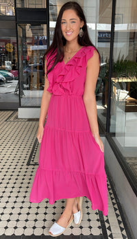 Serena Chiffon Tiered Midi Maxi Dress Magenta