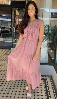 Serena Chiffon Tiered Midi Maxi Dress Dusty Rose