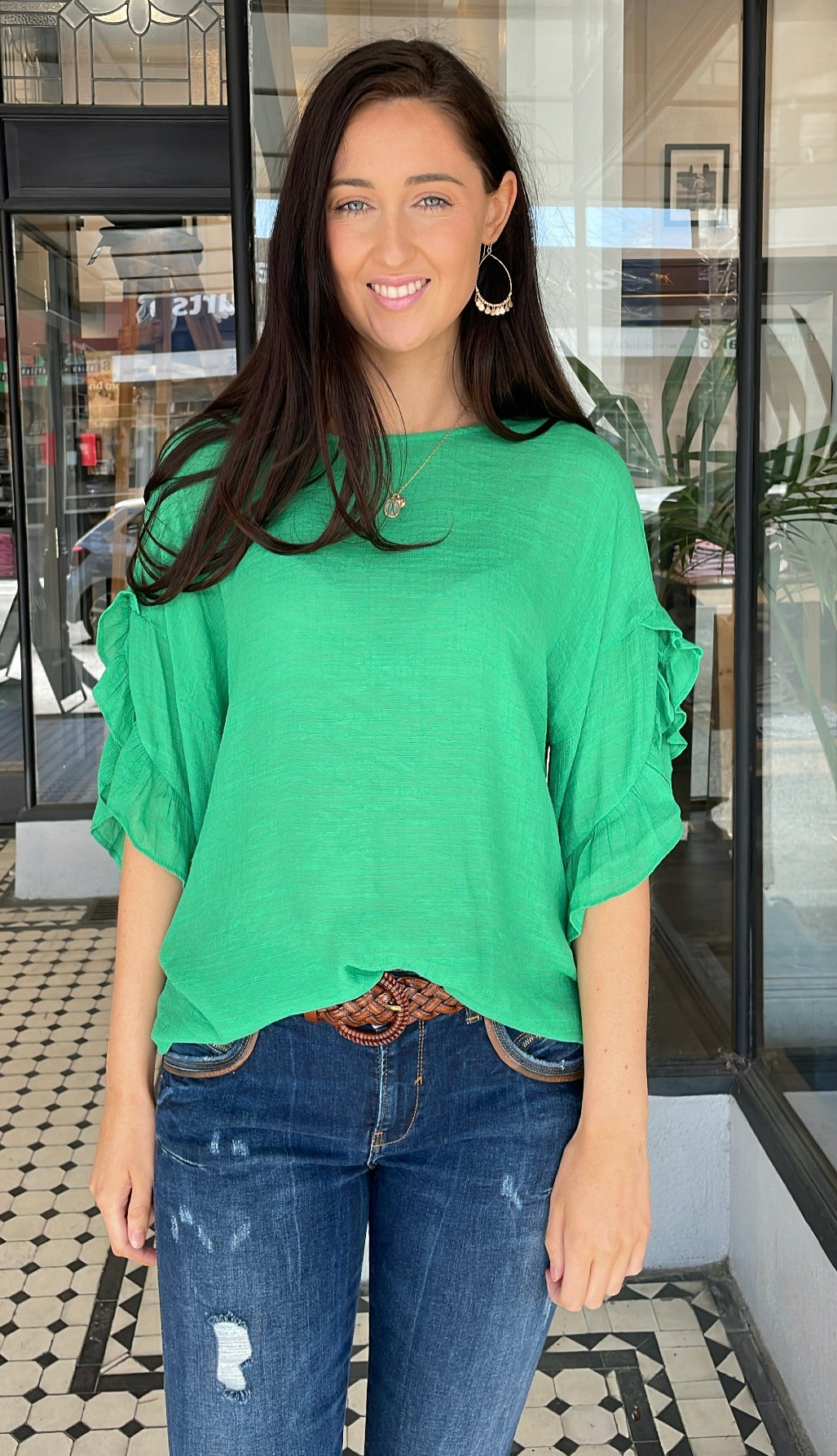 Alexa Ruffle Sleeve Top Kelly Green