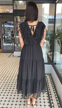 Serena Chiffon Tiered Midi Maxi Dress Black