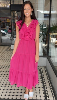 Serena Chiffon Tiered Midi Maxi Dress Magenta