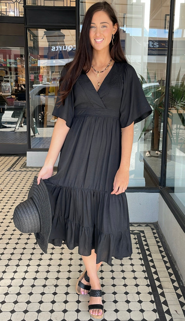 Tia V-Neck Tiered Midi Dress Black