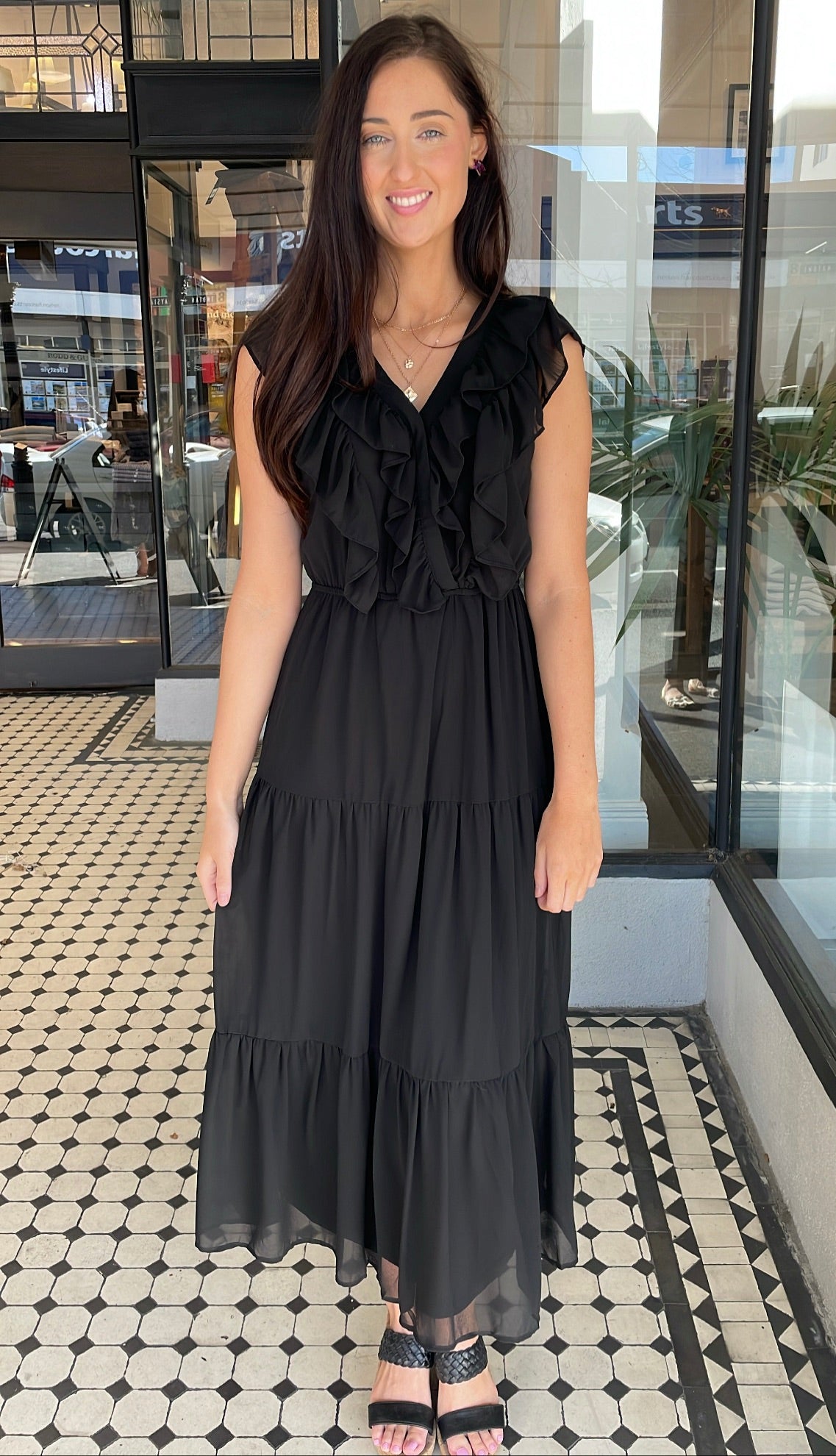 Serena Chiffon Tiered Midi Maxi Dress Black