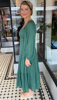 Miki Balloon Sleeve Tiered Dress Moss Green