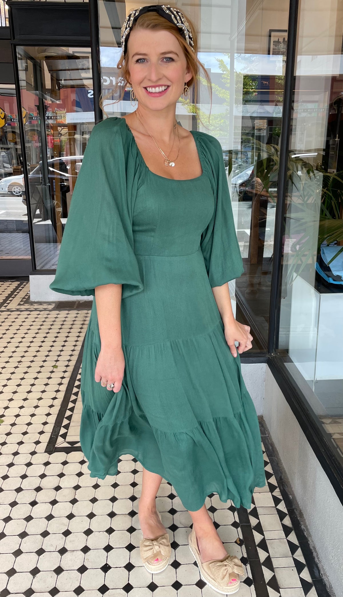 Miki Balloon Sleeve Tiered Dress Moss Green