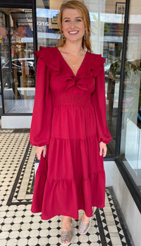 Valerie Double Ruffle Deep V Neck Dress Ruby Red