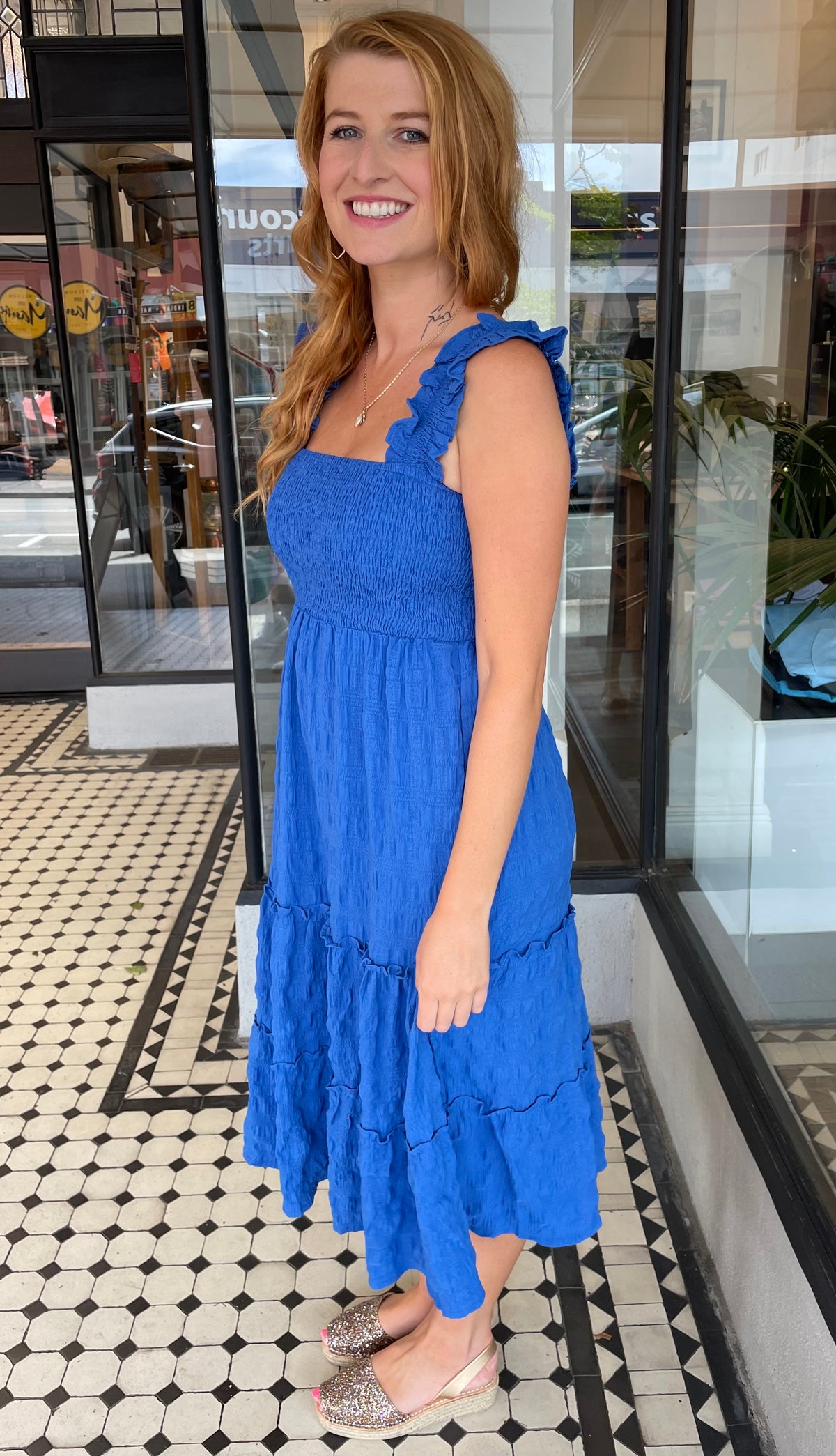 Nikki Smocked Bodice Dress Blue