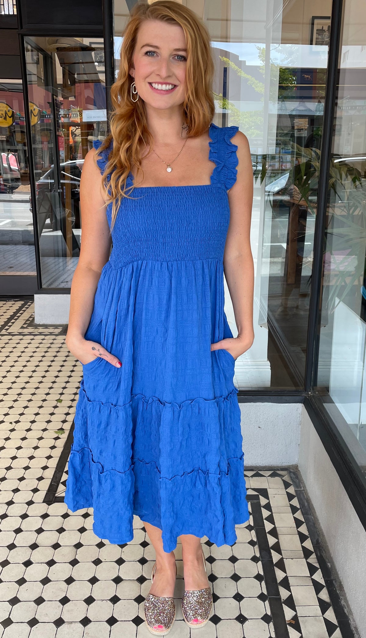 Nikki Smocked Bodice Dress Blue