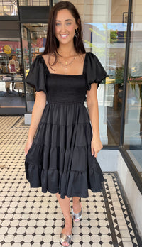 Elea Puff Sleeve Satin Midi Dress Black