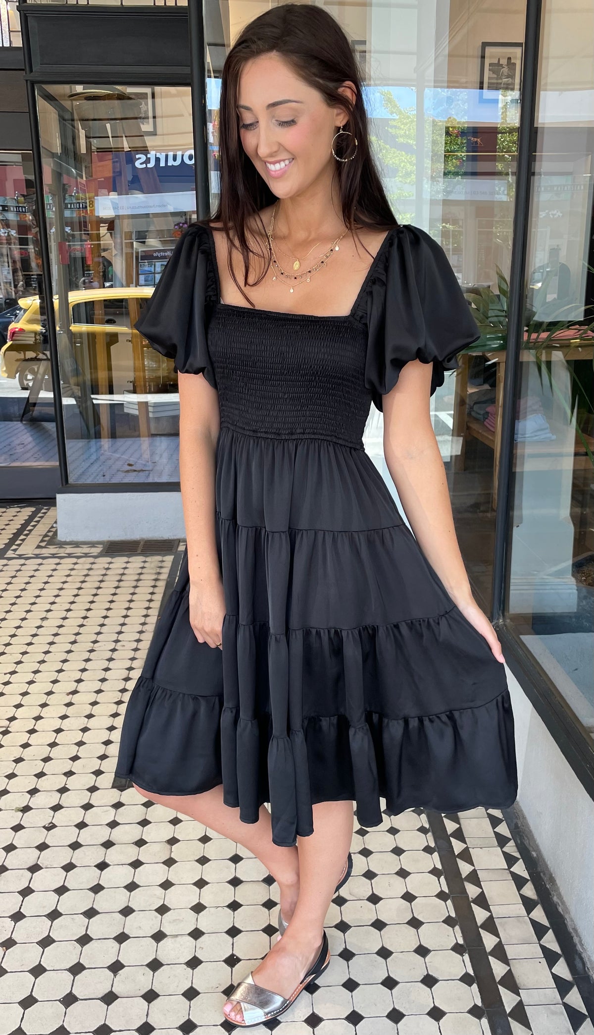 Elea Puff Sleeve Satin Midi Dress Black