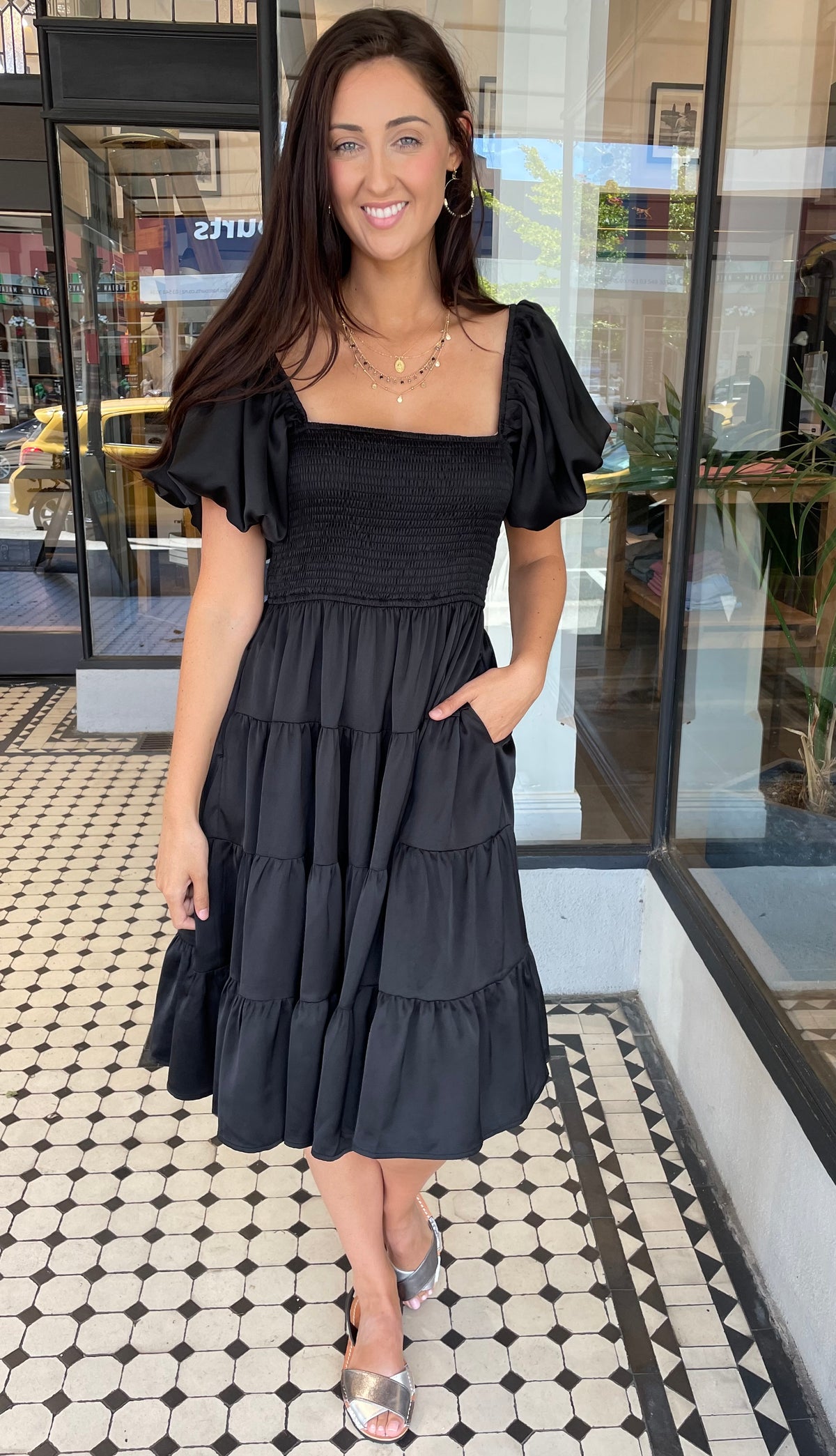 Elea Puff Sleeve Satin Midi Dress Black