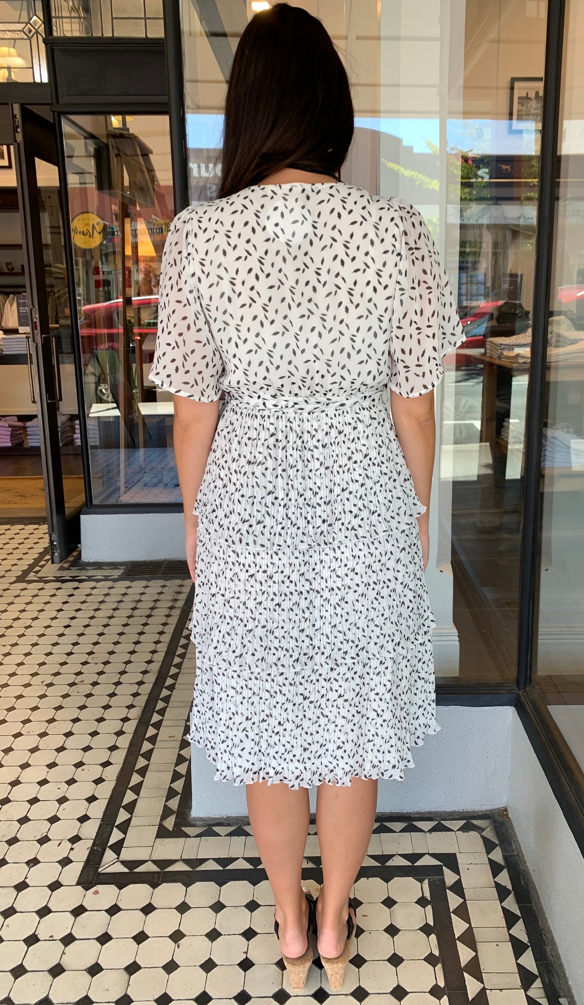 Tiered Feather Print Pleated Dress