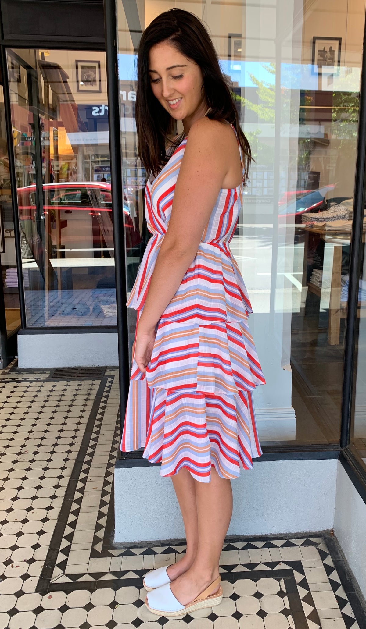 Lexi Tiered Midi Dress Red Burnt Orange Stripe