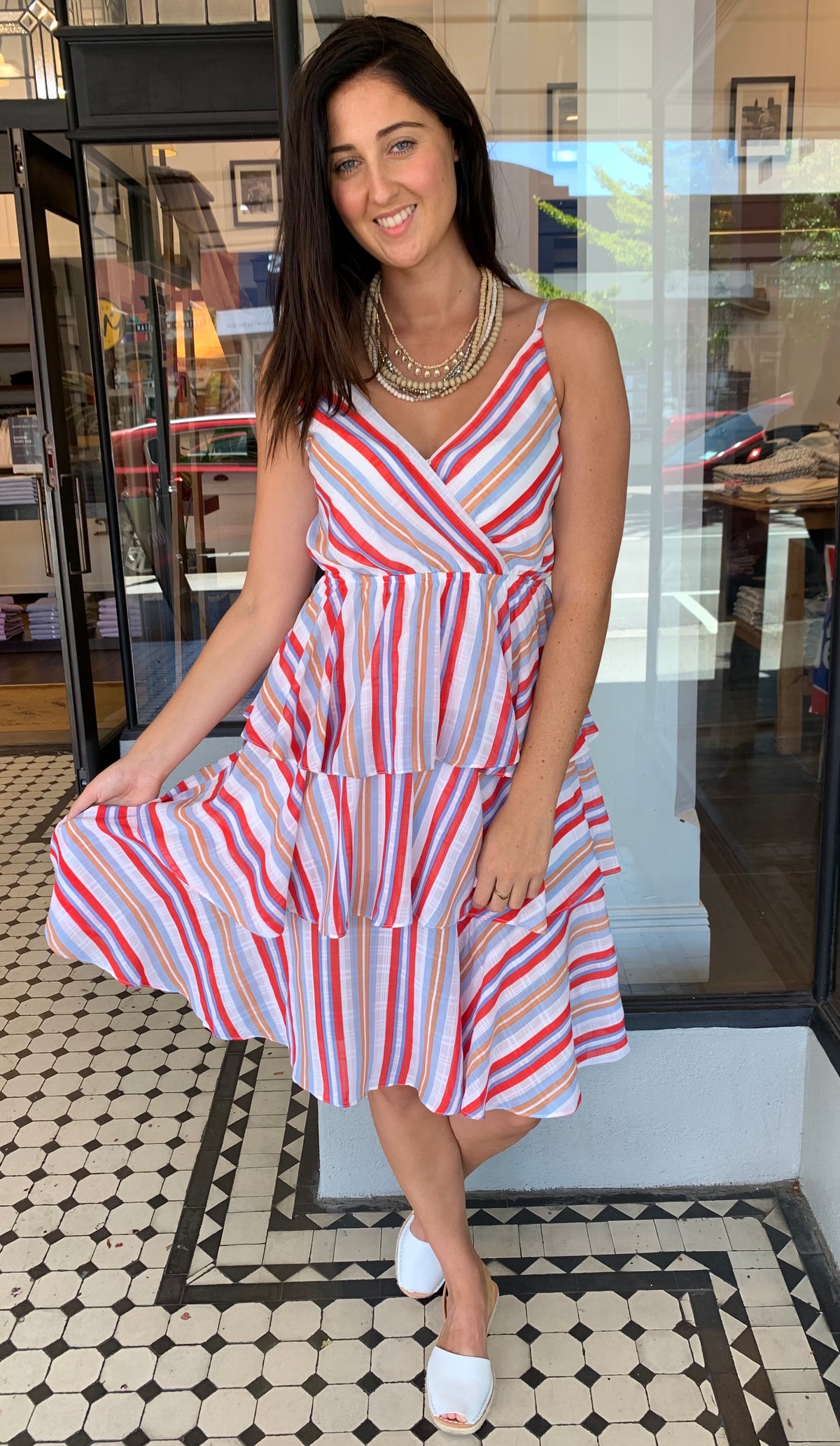 Lexi Tiered Midi Dress Red Burnt Orange Stripe