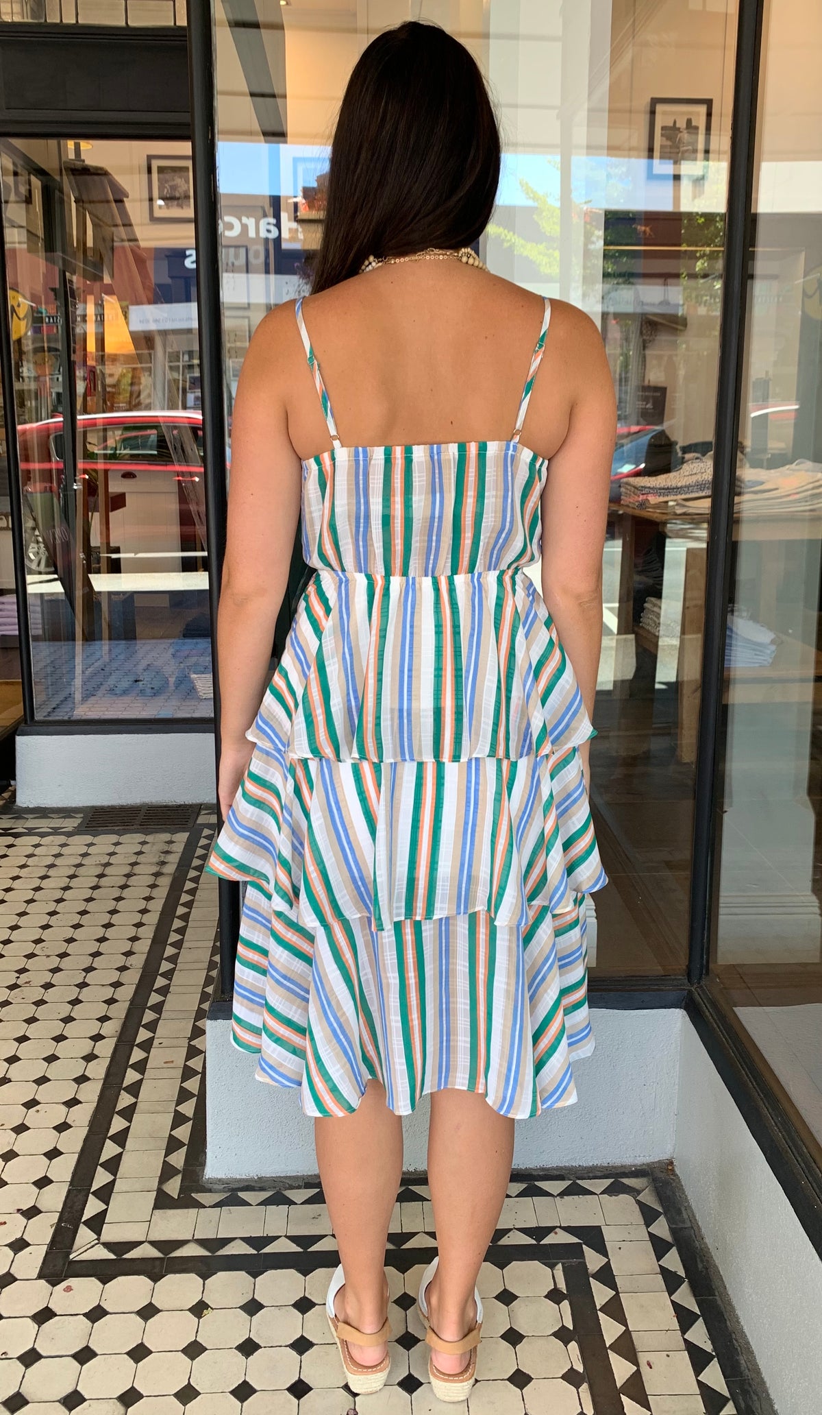 Lexi Tiered Midi Dress Green Stripe