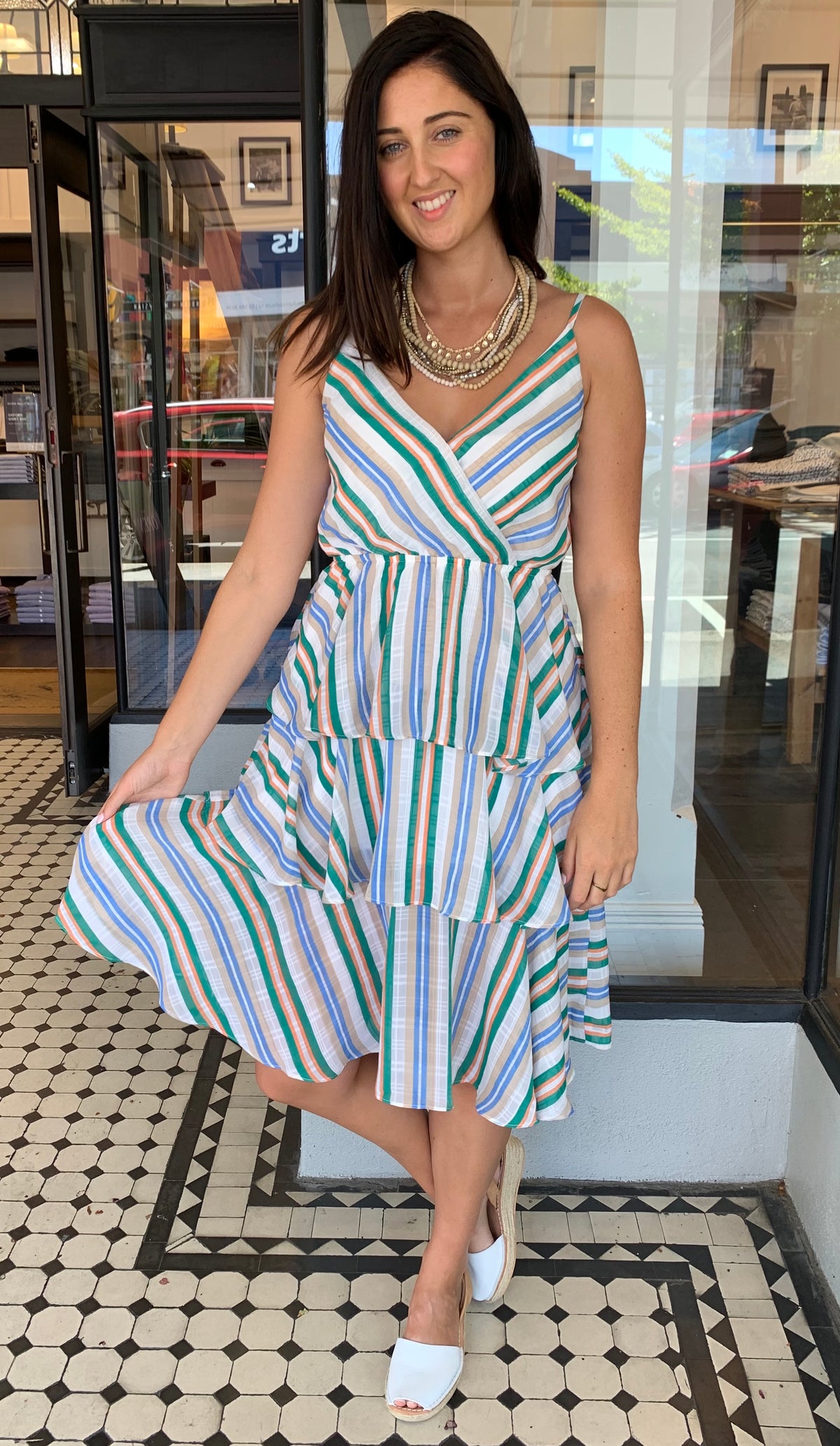 Lexi Tiered Midi Dress Green Stripe