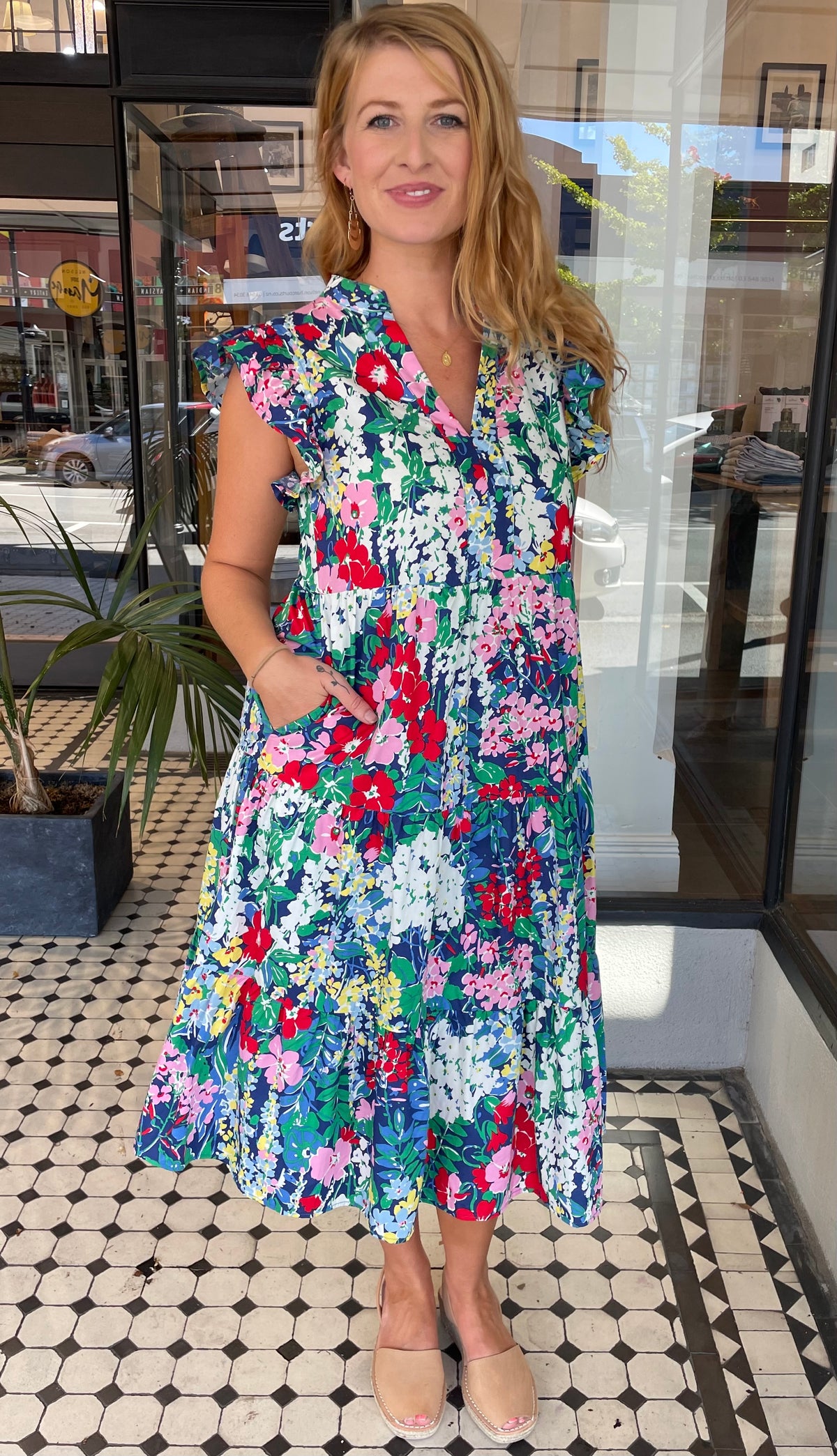 Jules Floral V Neck Tiered Midi Dress Navy