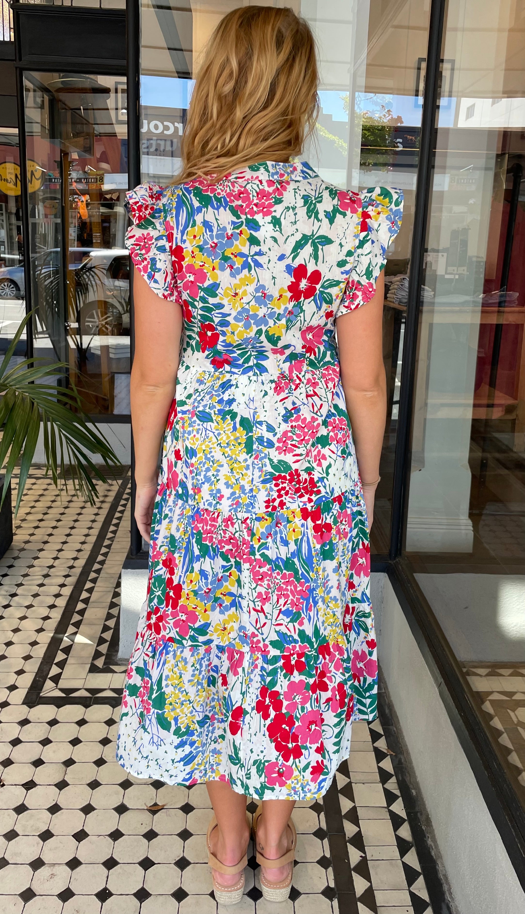Jules Floral V Neck Tiered Midi Dress Off White The Rock Box Store