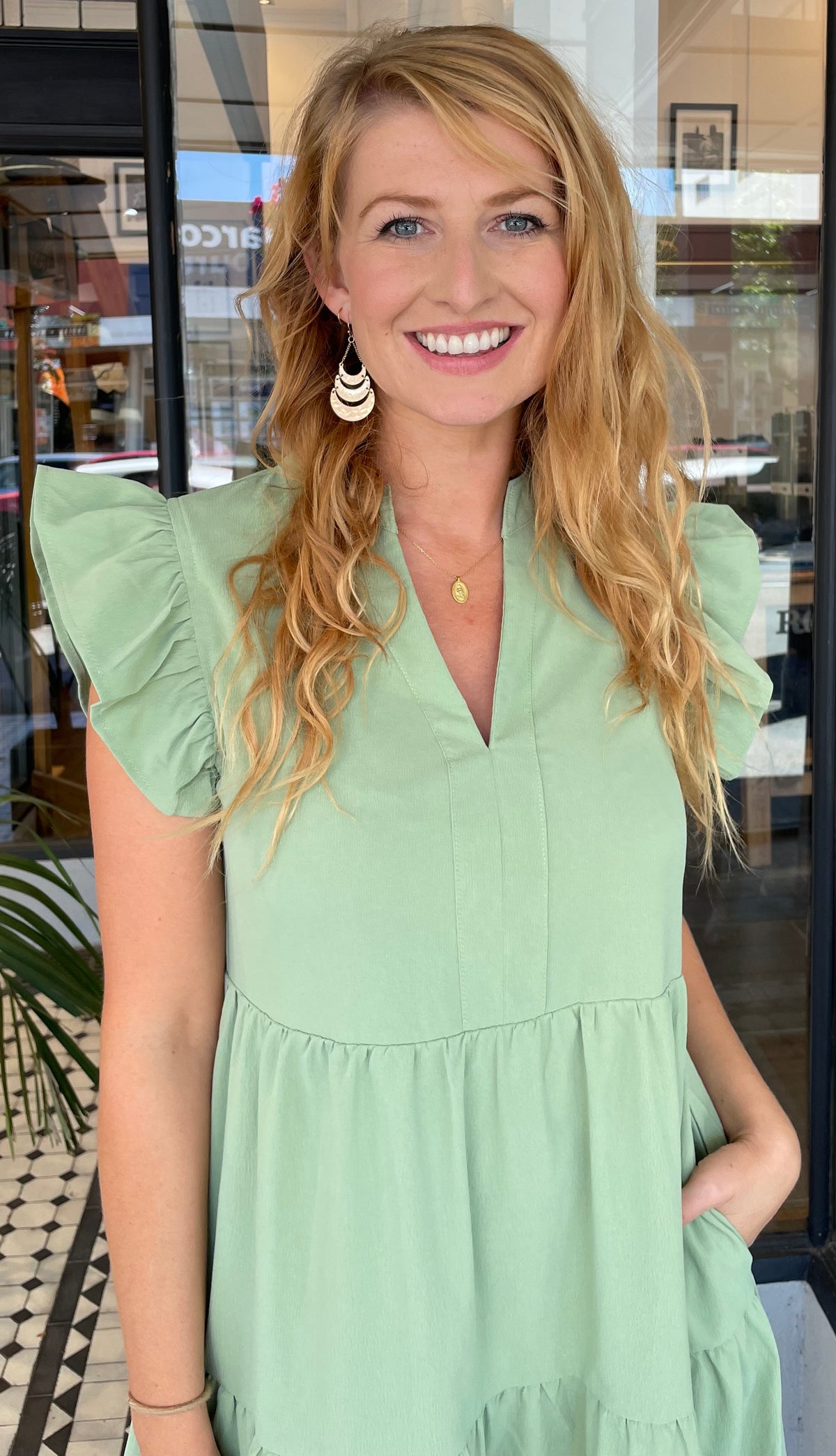 Jules V Neck Tiered Midi Dress Sage