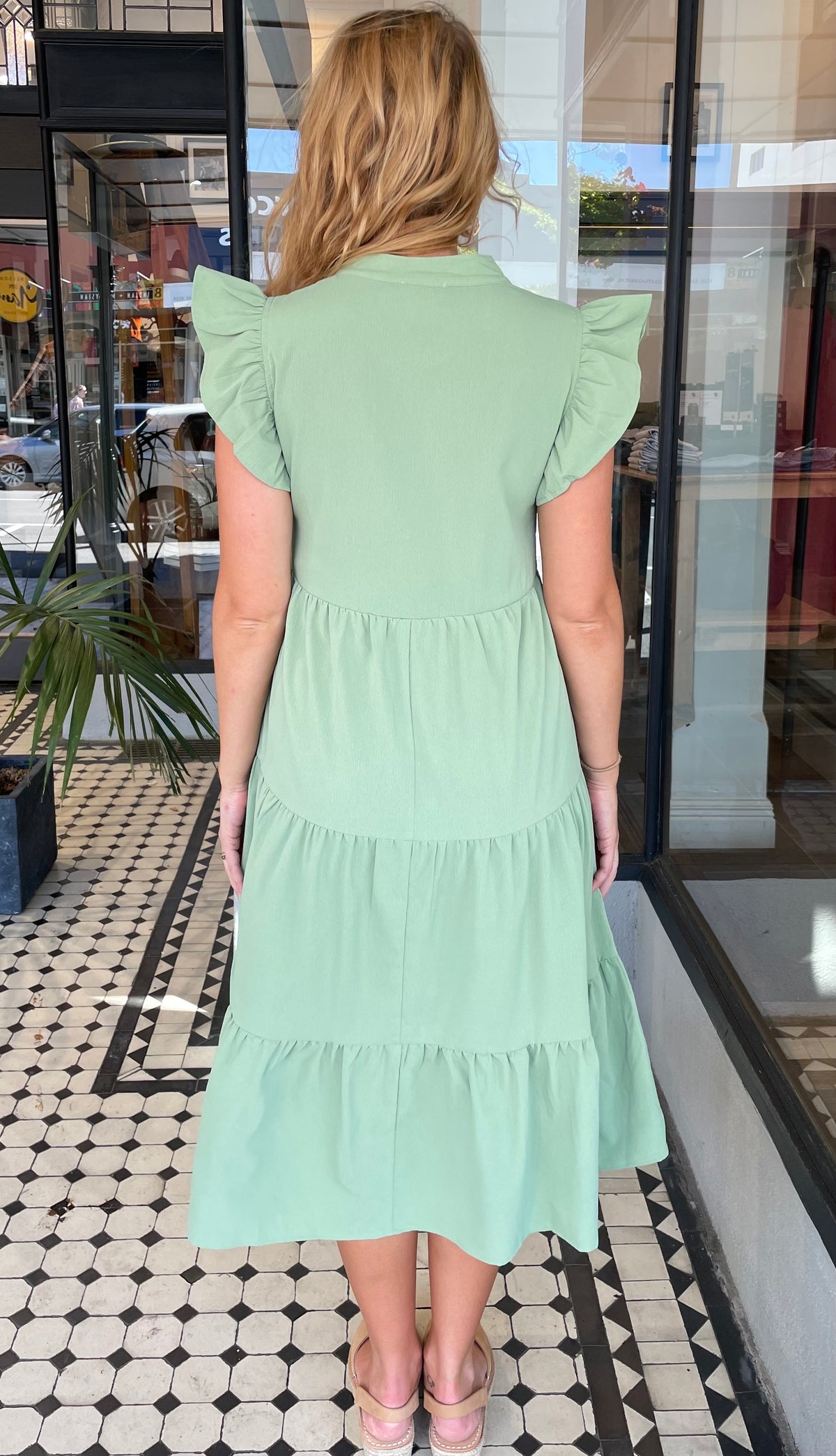 Jules V Neck Tiered Midi Dress Sage