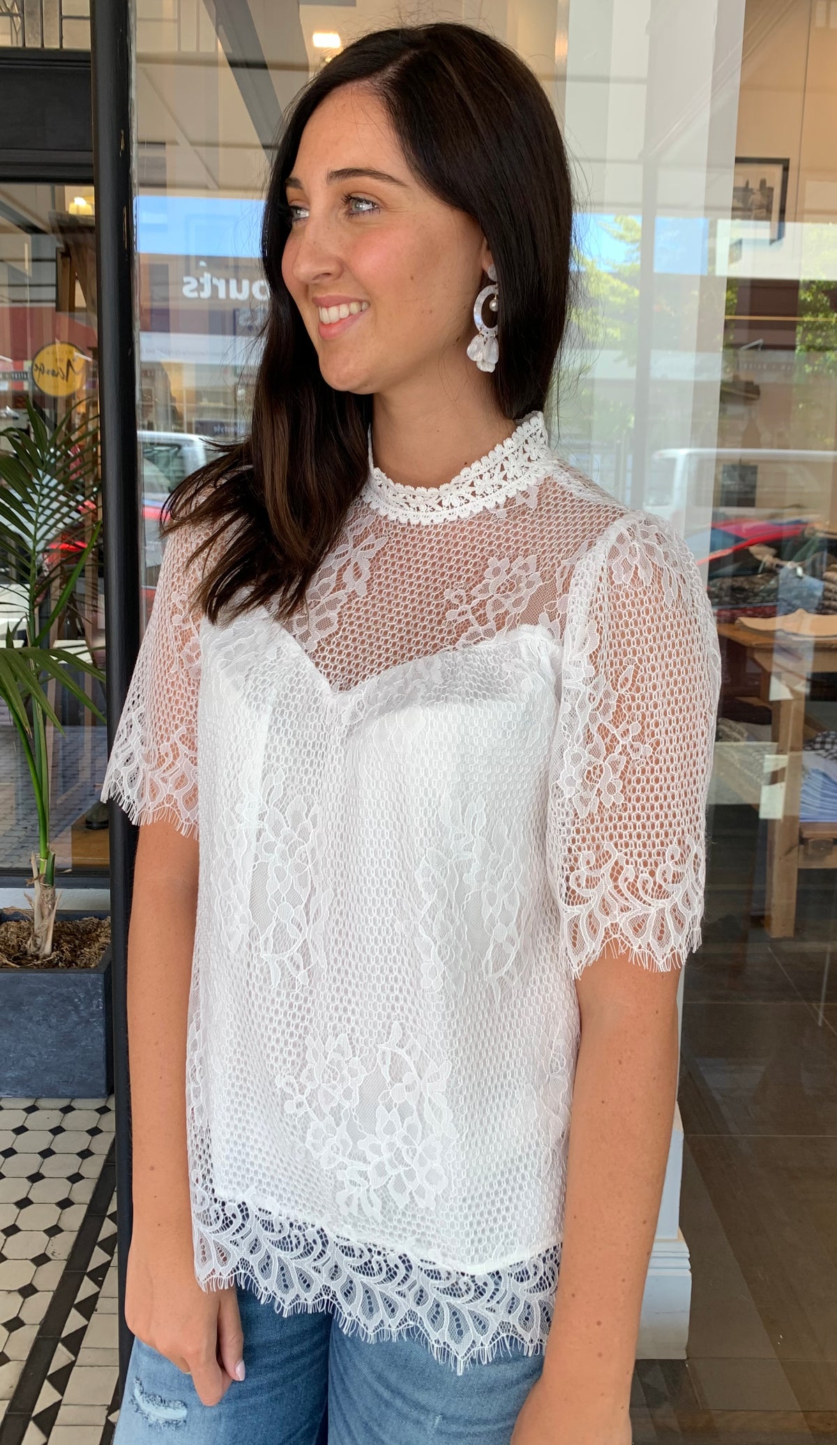 Gia High Neck Lace Top White