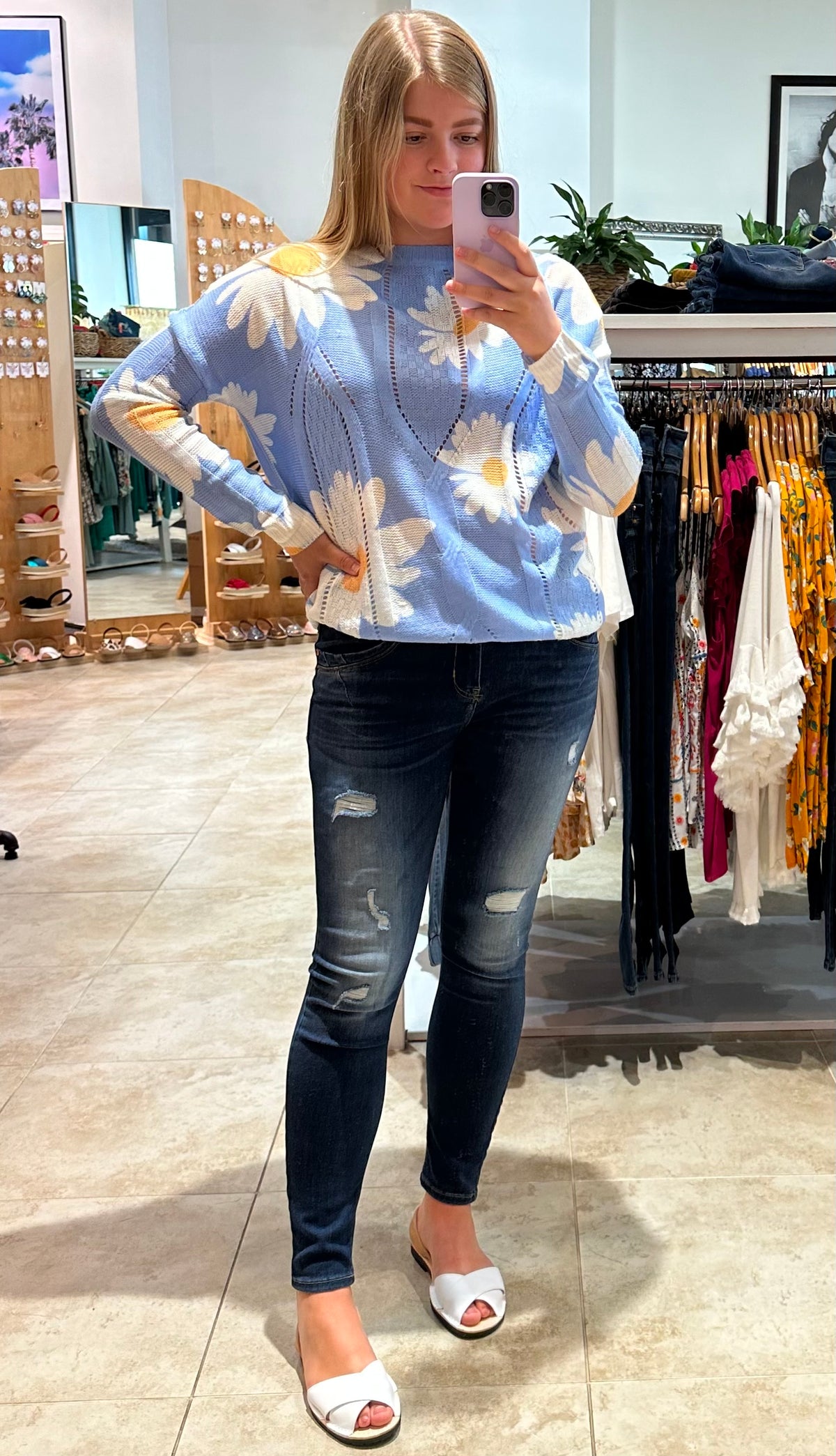 Darling Daisy Crew Neck Sweater Sky Blue