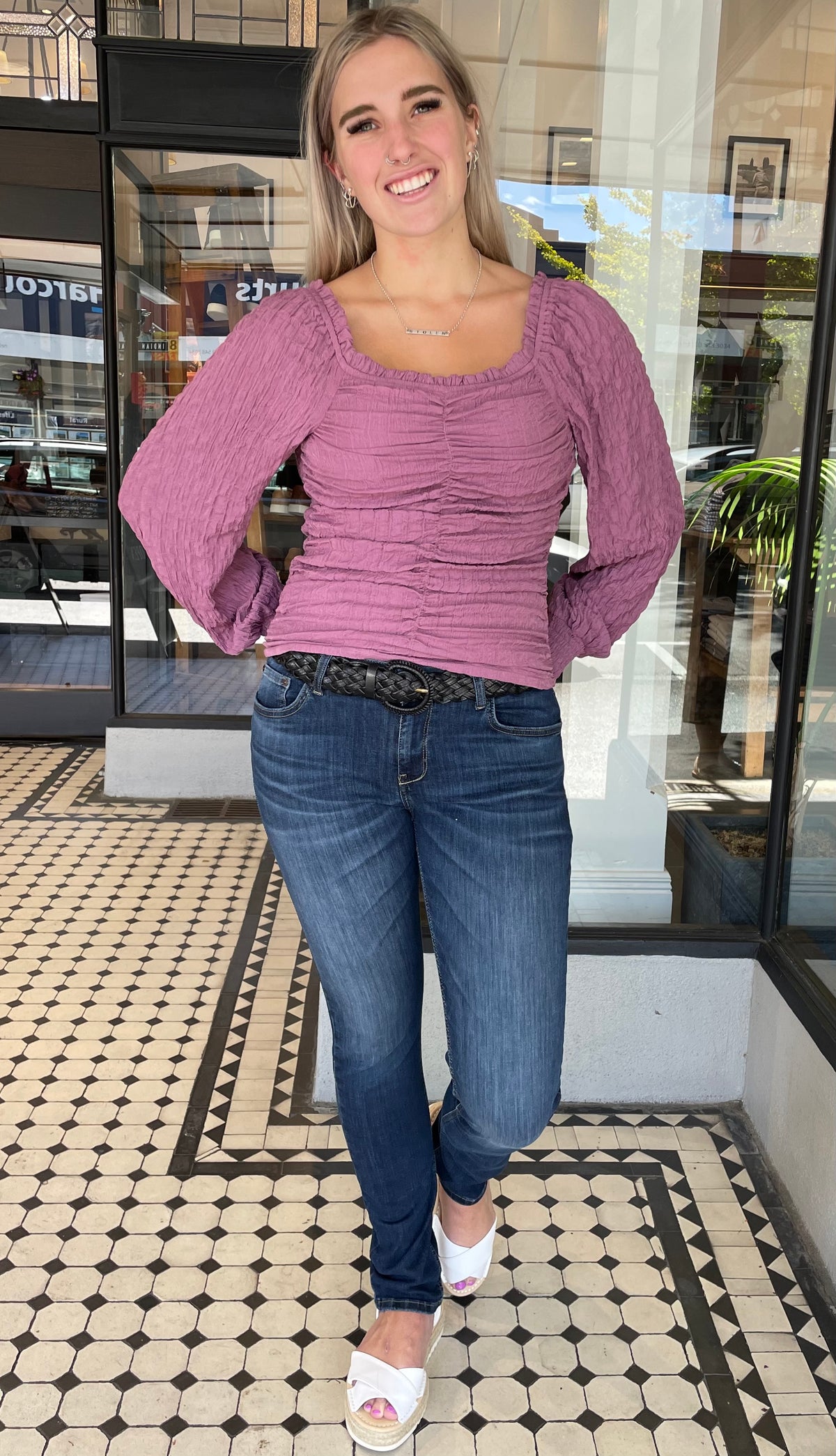 Riot Long Sleeve Rouched Top Dusty Lilac