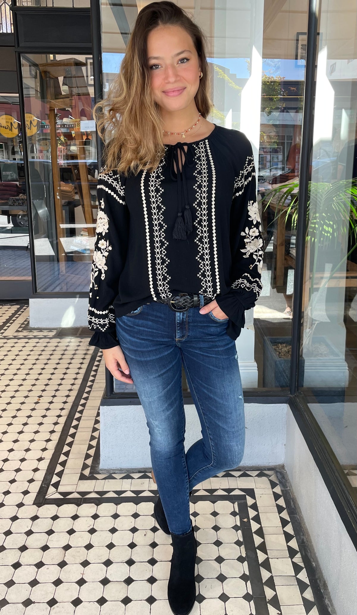 Catalina Sequins Embroidered Long Sleeve Top Black