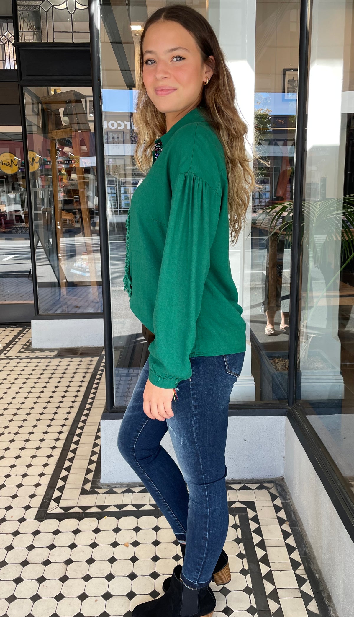 Lindsay Linen Button Down Blouse Kelly Green