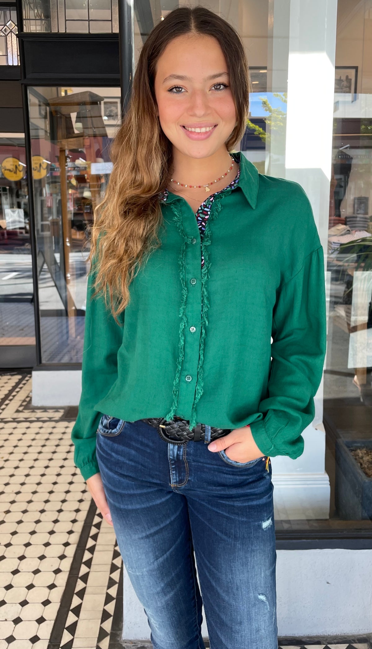 Lindsay Linen Button Down Blouse Forrest Green
