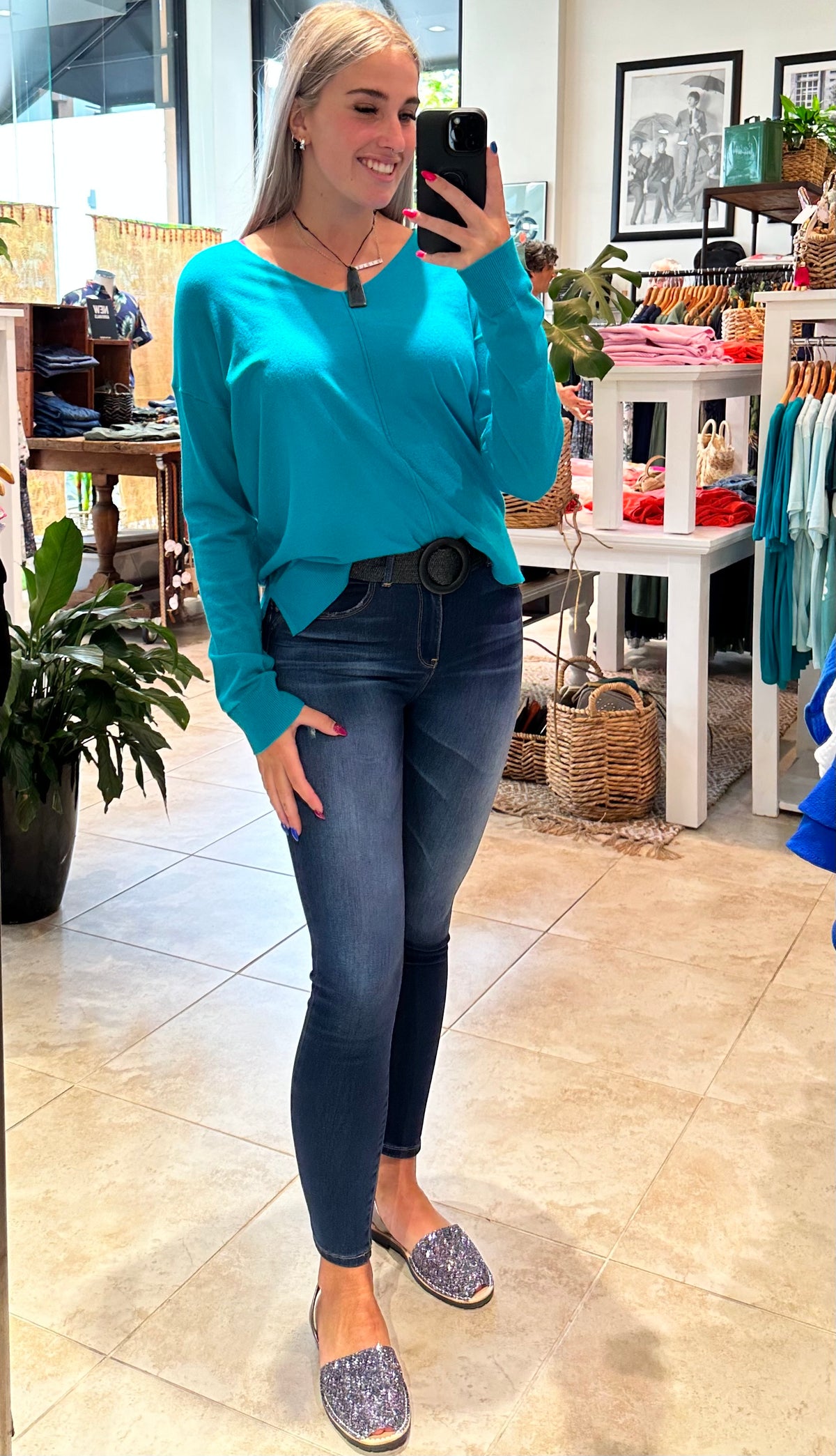 Rachel V-Neck Knit Top Aqua Blue